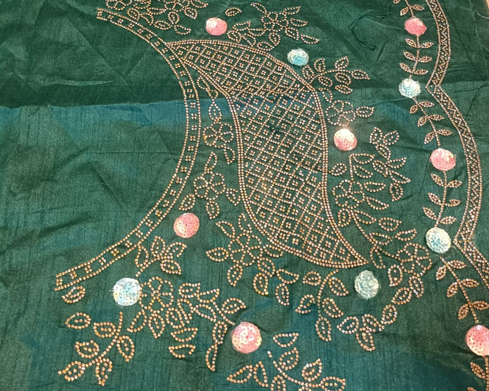 Rama Green & Dark Mustard Gimichu Satin Silk Saree - Rama Green blouse detail