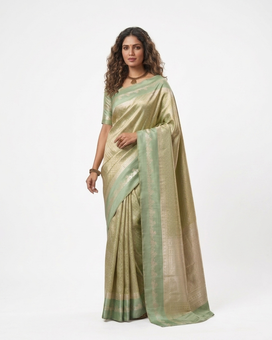 Pure Brocade Tissue Saree Geometric Design Satin Border - Antique Gold & Olive