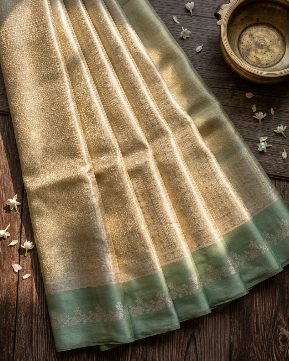 Pure Brocade Tissue Saree Geometric Design Satin Border - Antique Gold & Olive folded view