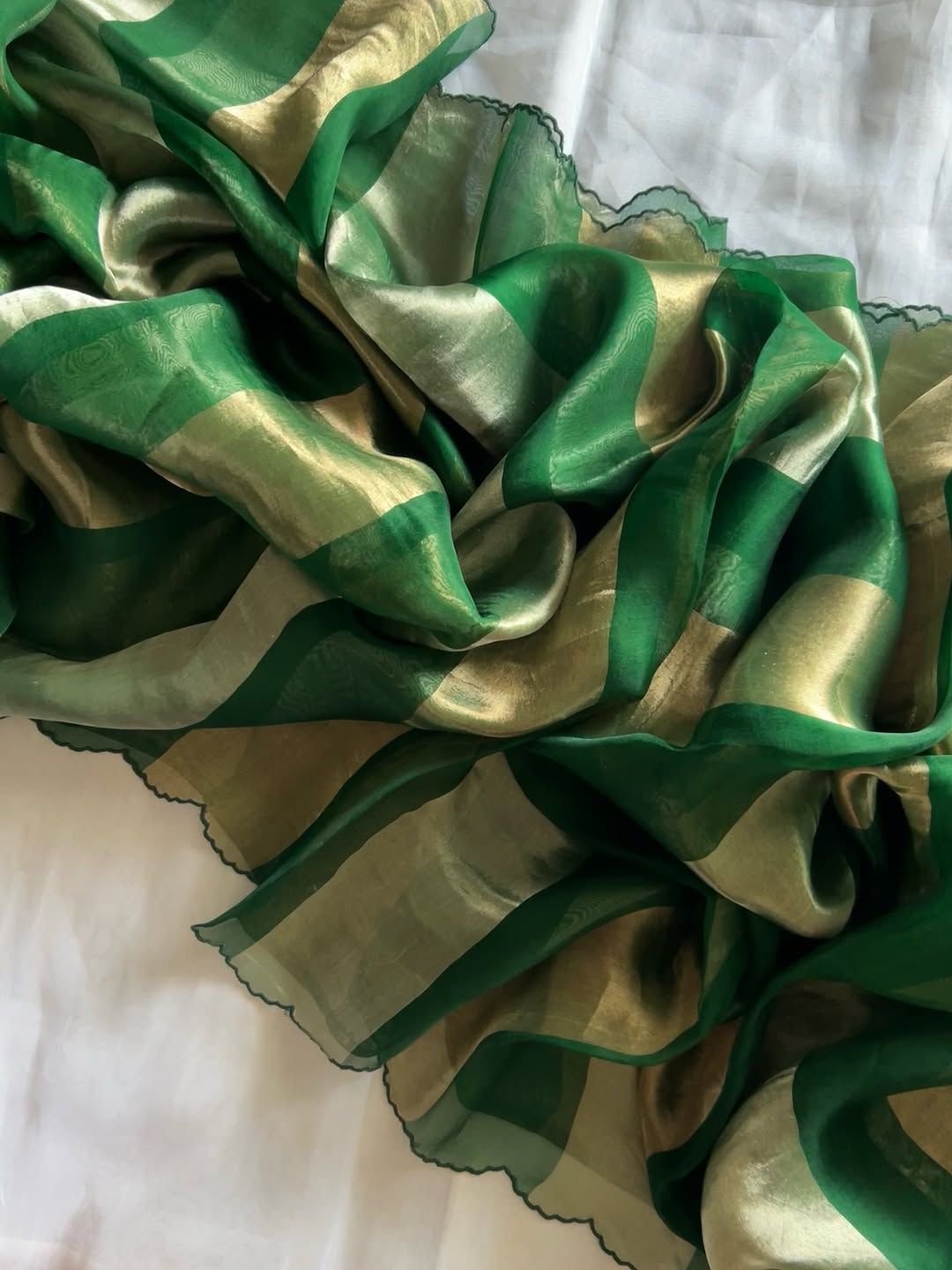 Pure Katan Tissue Silk Saree Gold Stripe Pallu Scallop Border With Blouse