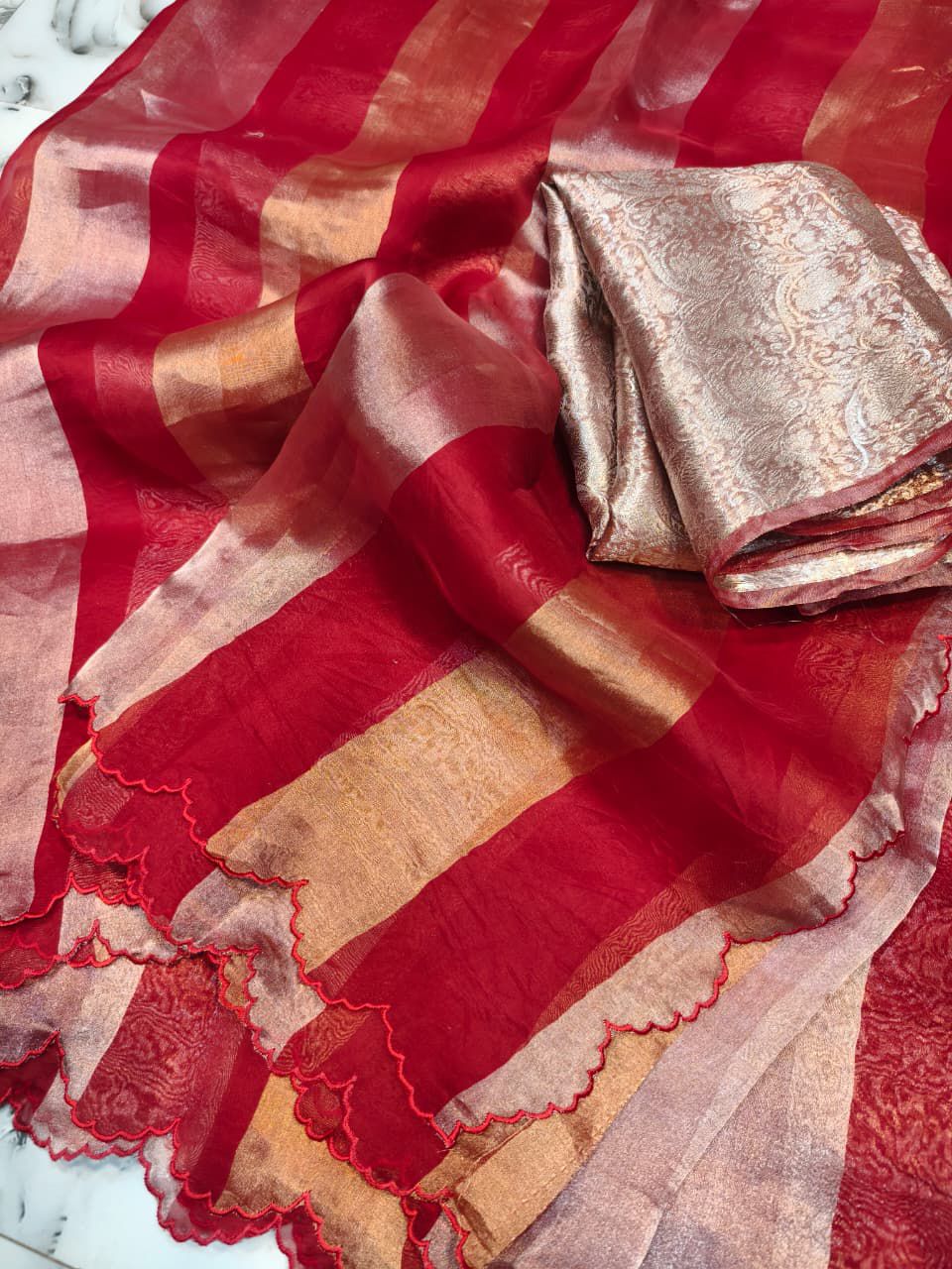 Pure Katan Tissue Silk Saree Gold Stripe Pallu Scallop Border With Blouse