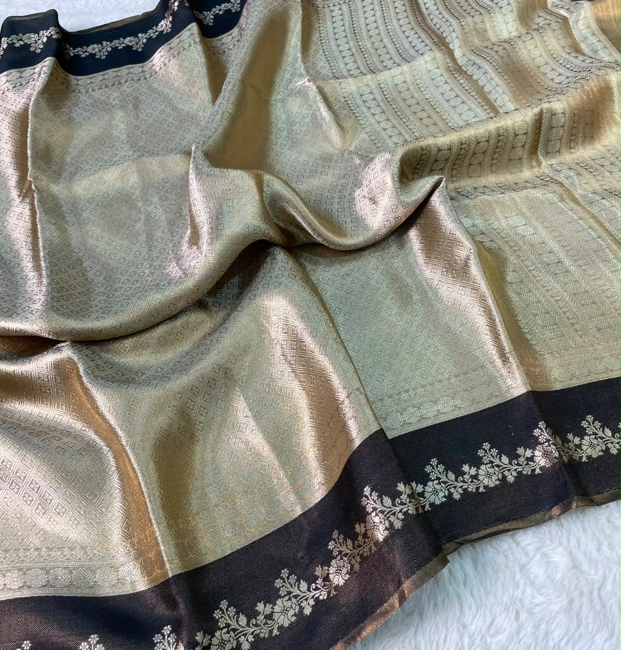 Pure Brocade Tissue Saree Geometric Design Satin Border - Silver Grey & Black