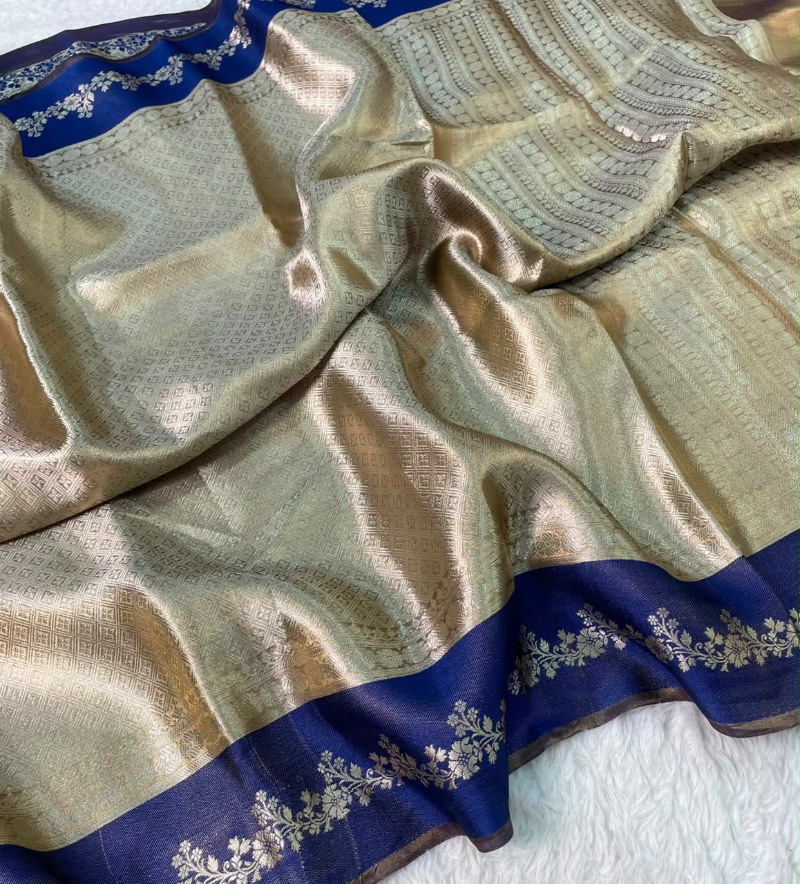 Pure Brocade Tissue Saree Geometric Design Satin Border - Champagne Gold & Navy Blue