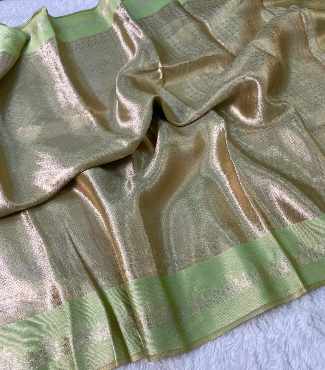 Pure Brocade Tissue Saree Geometric Design Satin Border - Olive Green & Antique Gold