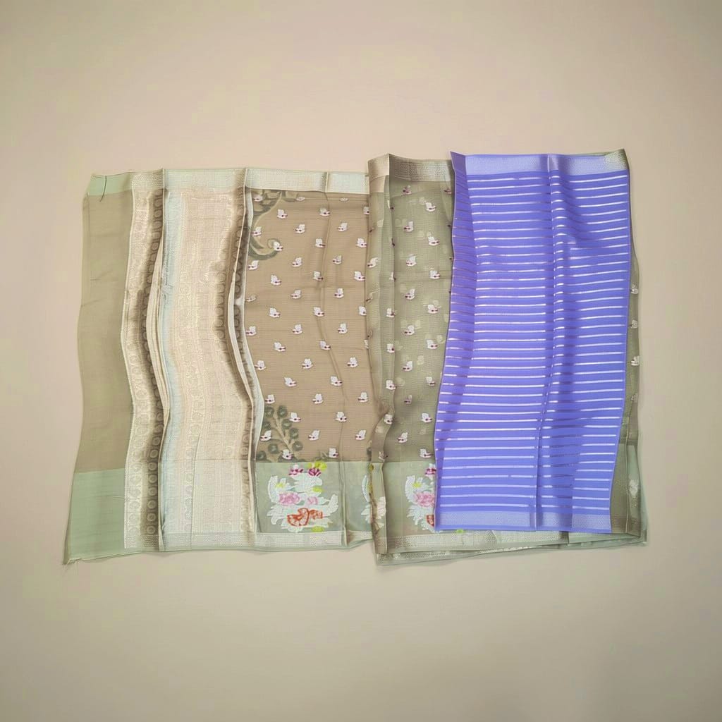 Pure Kota Doria Saree with Meena Work and Golden Zari Pallu - Golden Beige with Lavender Blue Blouse