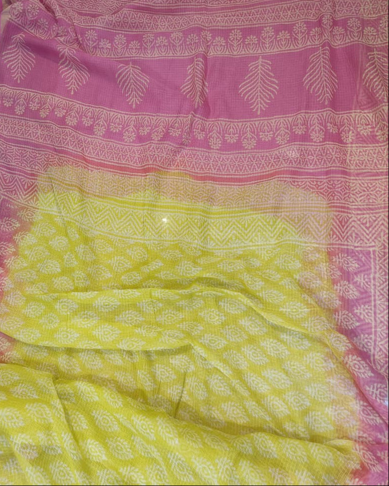 Lime Green Kota Doriya Hand Block Print Saree with Pink Pallu