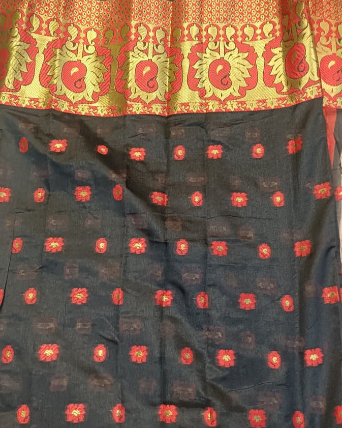 Black Chanderi Silk Saree with Broad Red Zari Border