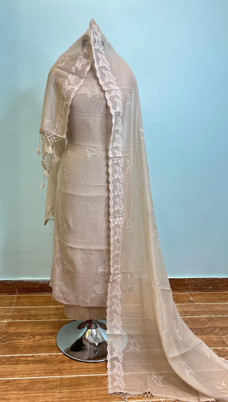 Mul Chanderi Unstitched Suit Material - Powder Blue Traditional Motif - Bana