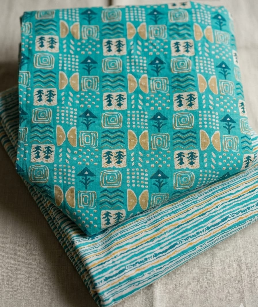 Top Bottom Concept Cotton Print Than Fabric - Teal Green - Bana