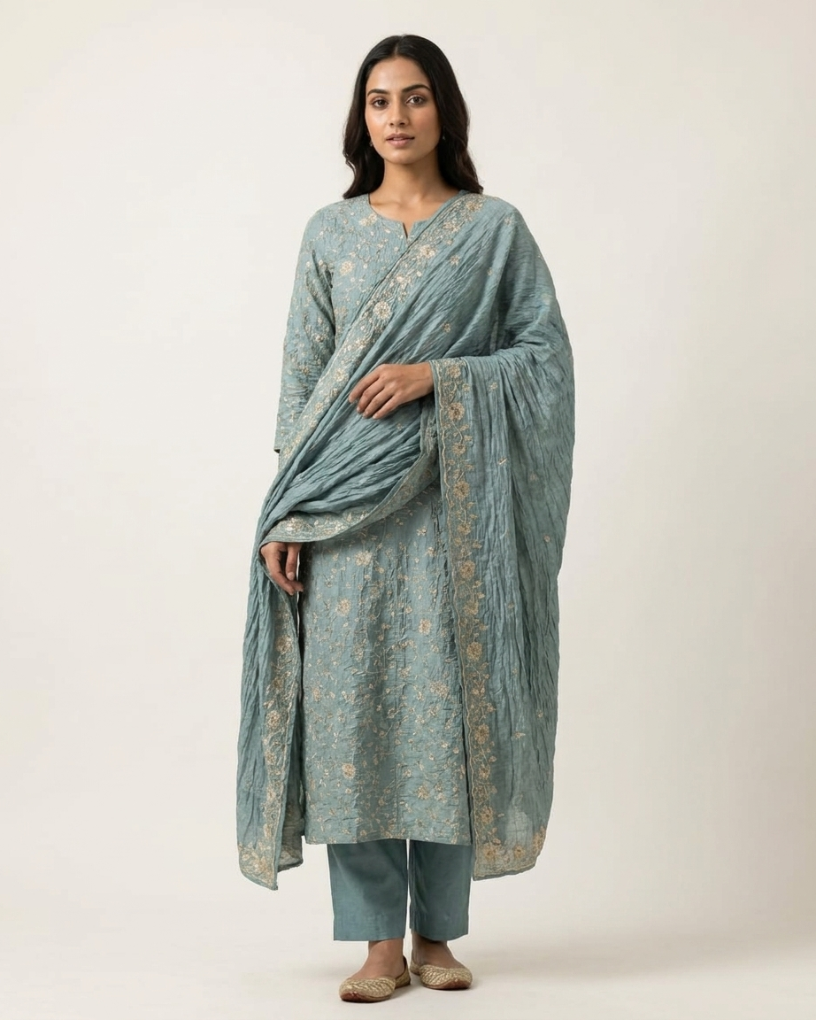 Heavy Crushed Chinon Top-Bottom Concept Unstitched Suit Material - Grey Green full fabric view