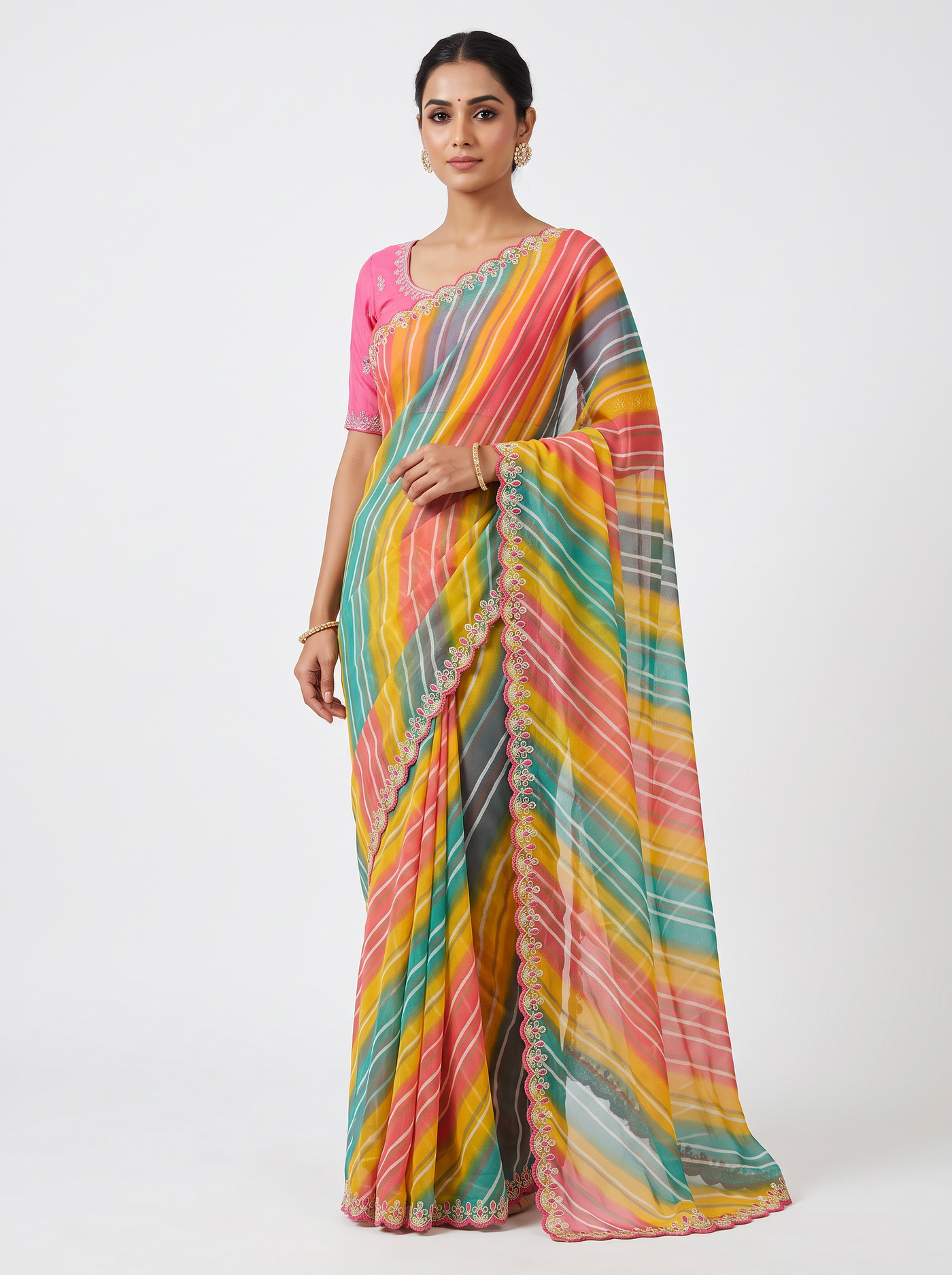 Yellow Green & Pink Lehariya Soft Chiffon Saree with Embroidery Blouse