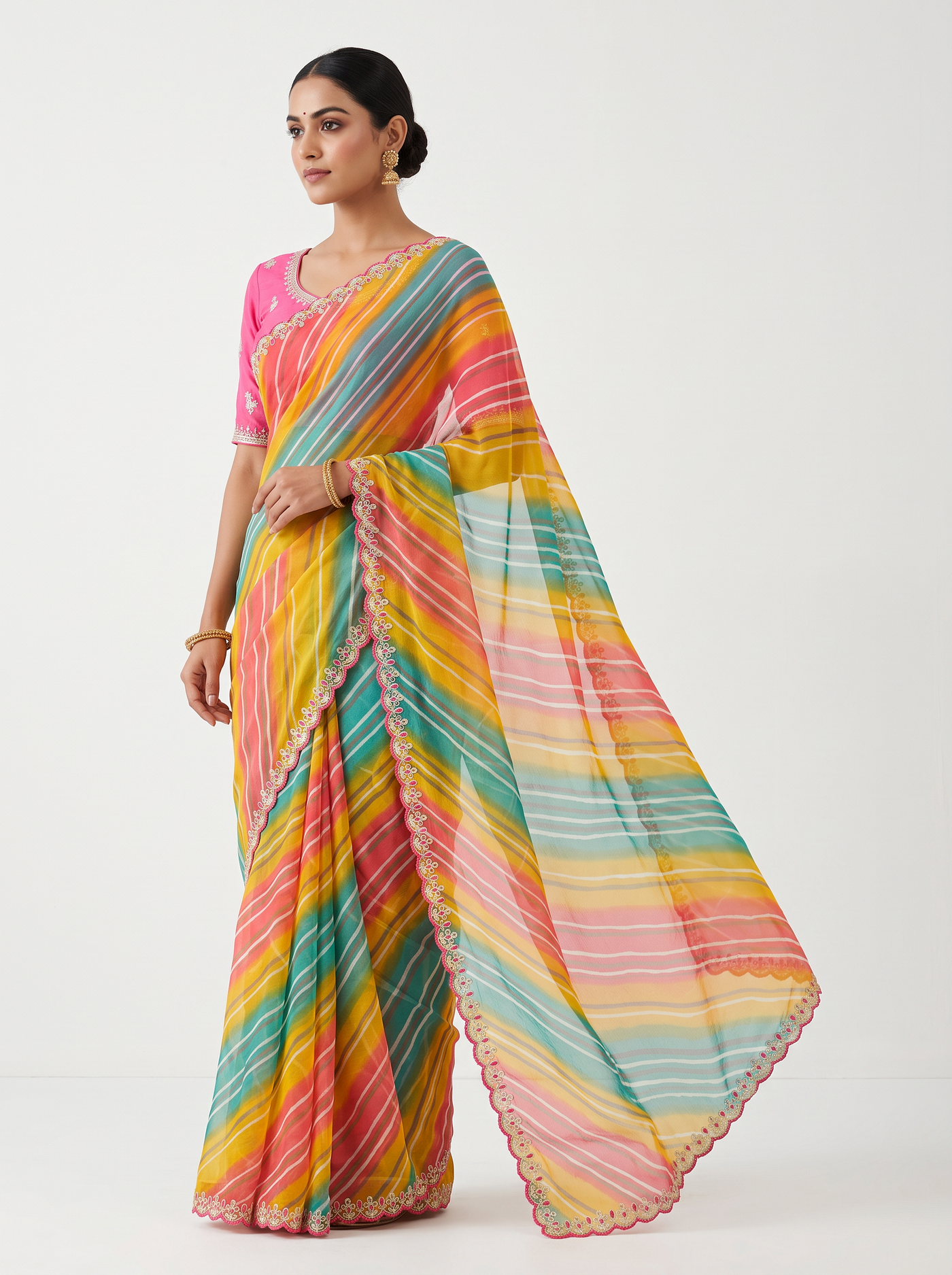 Yellow Green & Pink Lehariya Soft Chiffon Saree with Embroidery Blouse - view 2