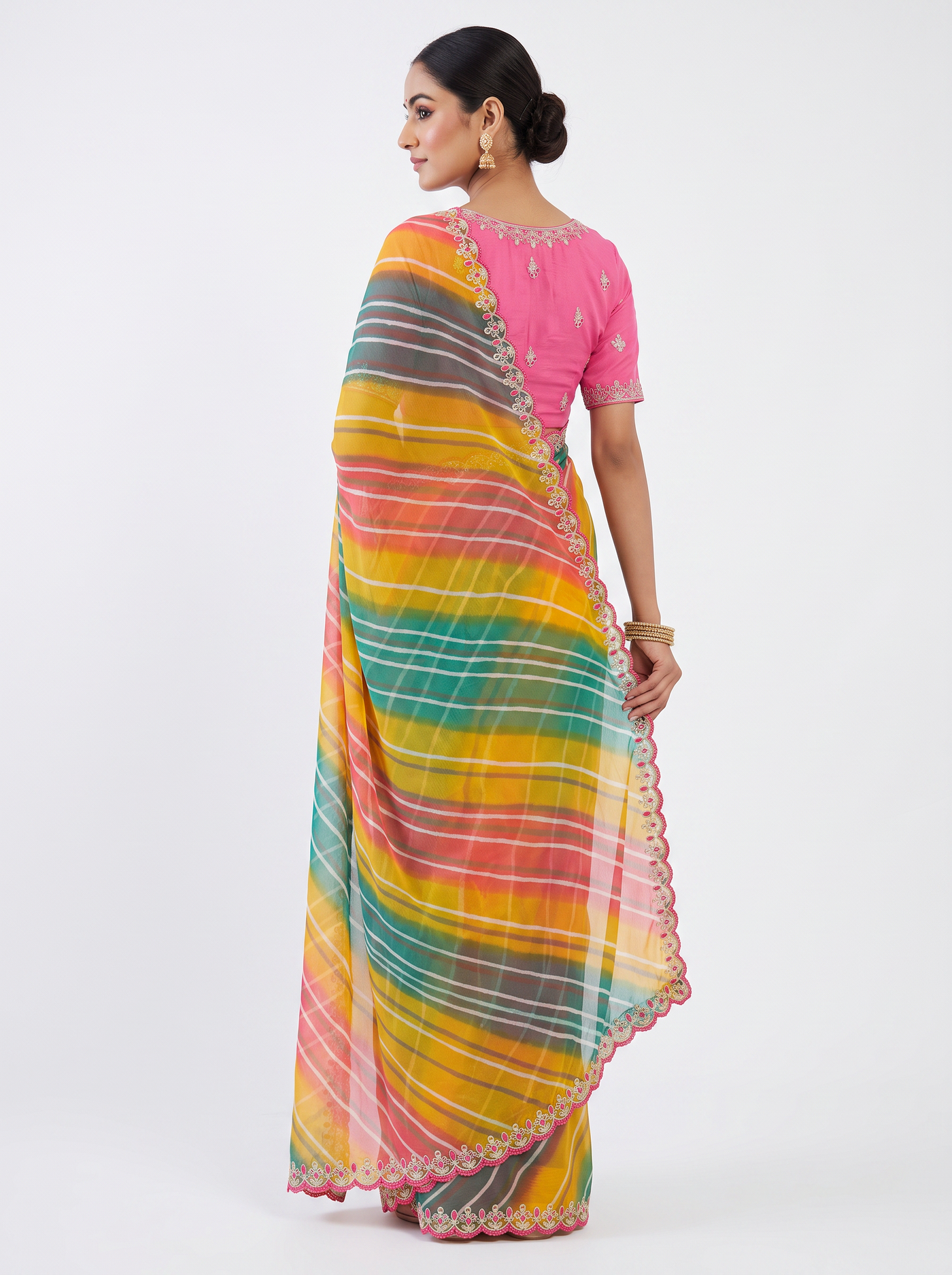Yellow Green & Pink Lehariya Soft Chiffon Saree with Embroidery Blouse - view 3