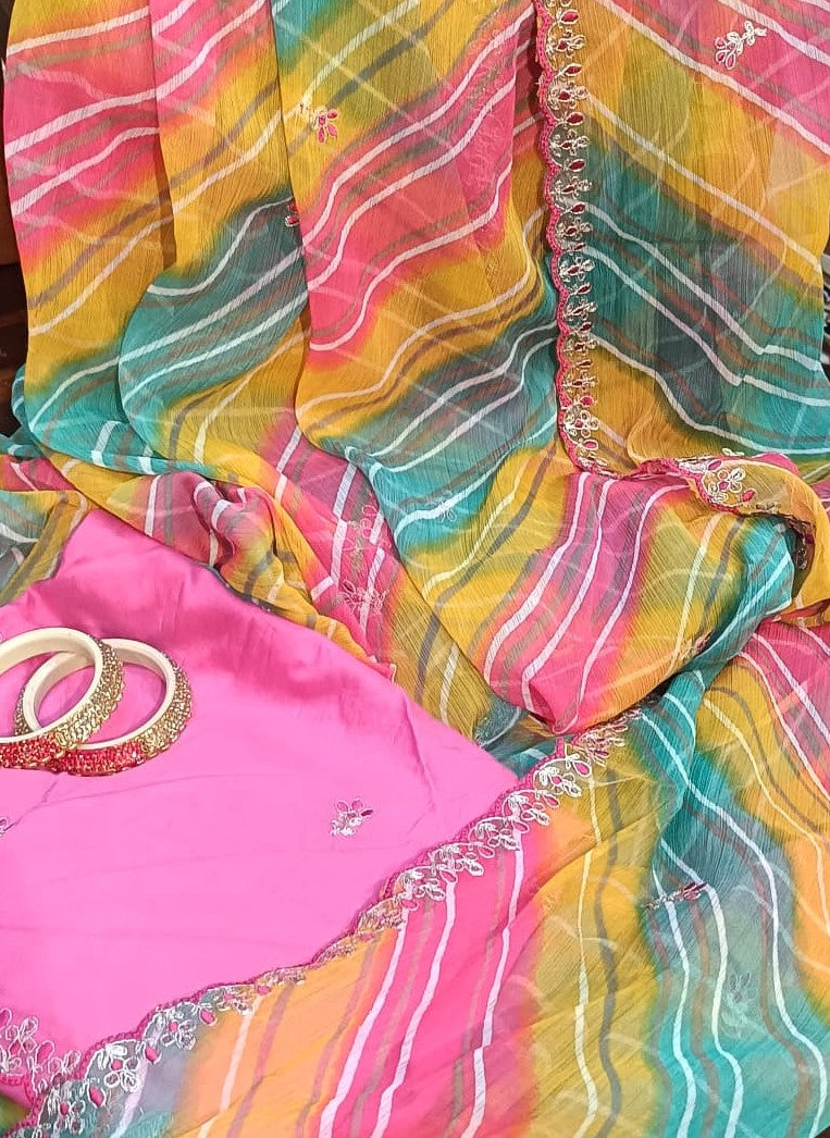 Yellow Green & Pink Lehariya Soft Chiffon Saree with Embroidery Blouse - view 5