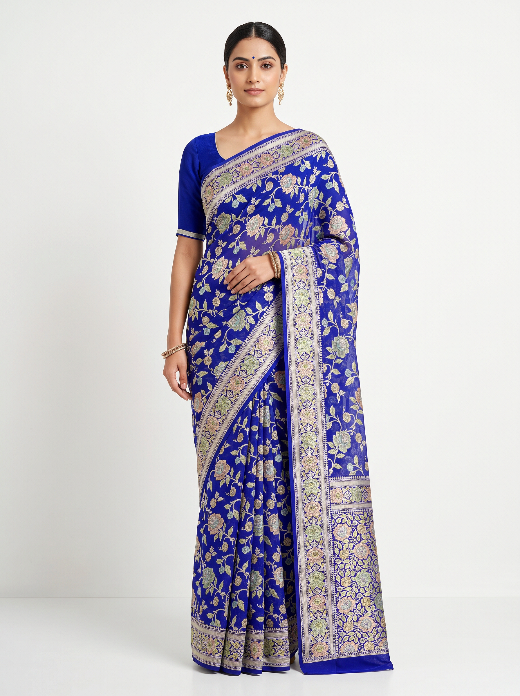Royal Blue Pure Khadi Chiffon Saree with Brush Paint Floral Pallu