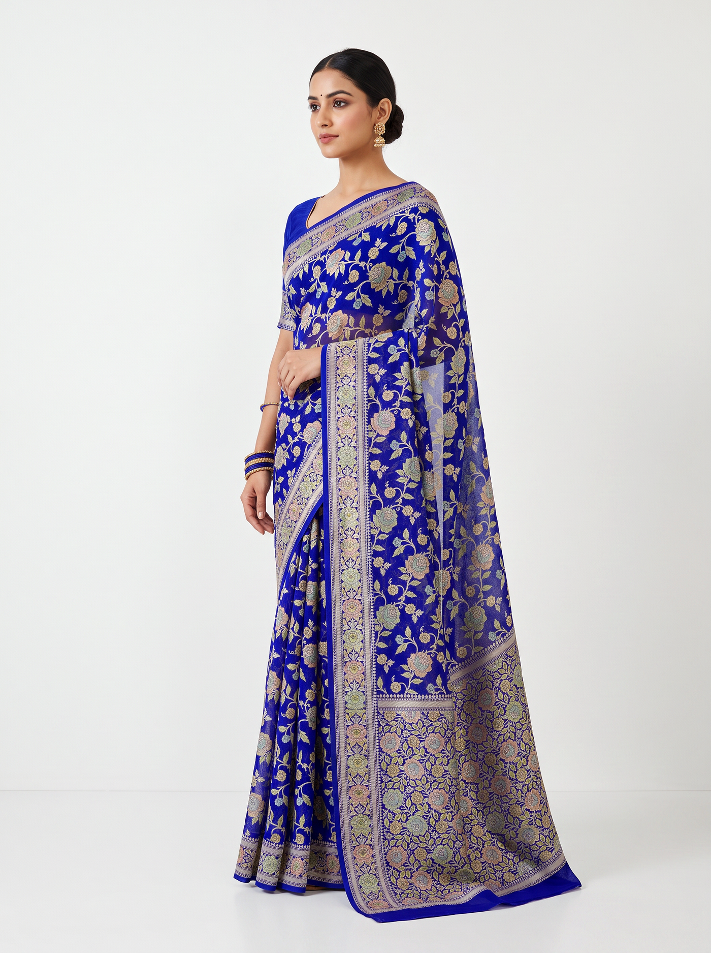 Royal Blue Pure Khadi Chiffon Saree with Brush Paint Floral Pallu - view 2