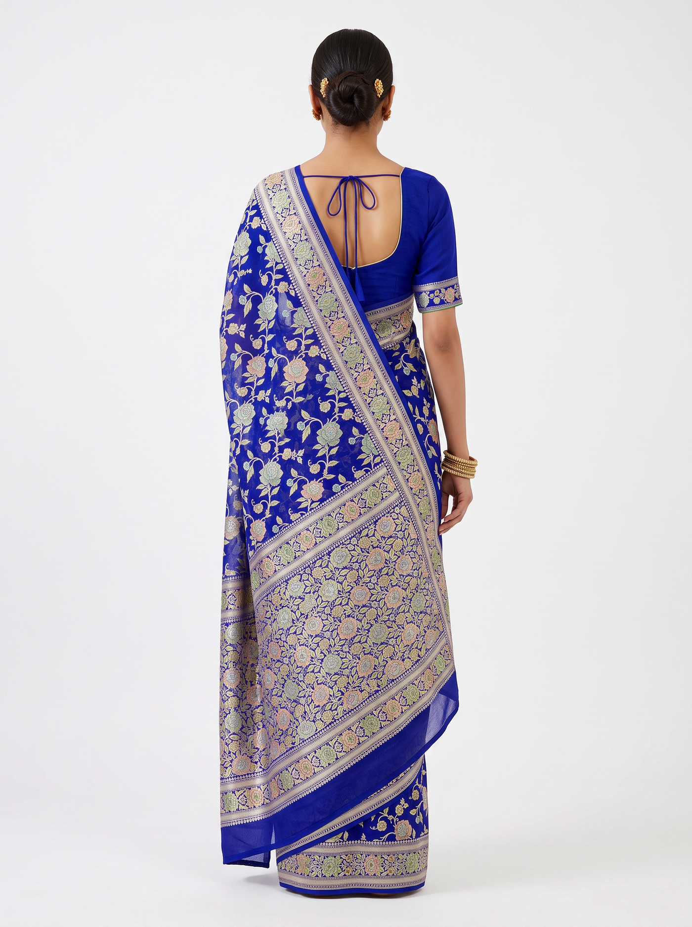 Royal Blue Pure Khadi Chiffon Saree with Brush Paint Floral Pallu - view 3