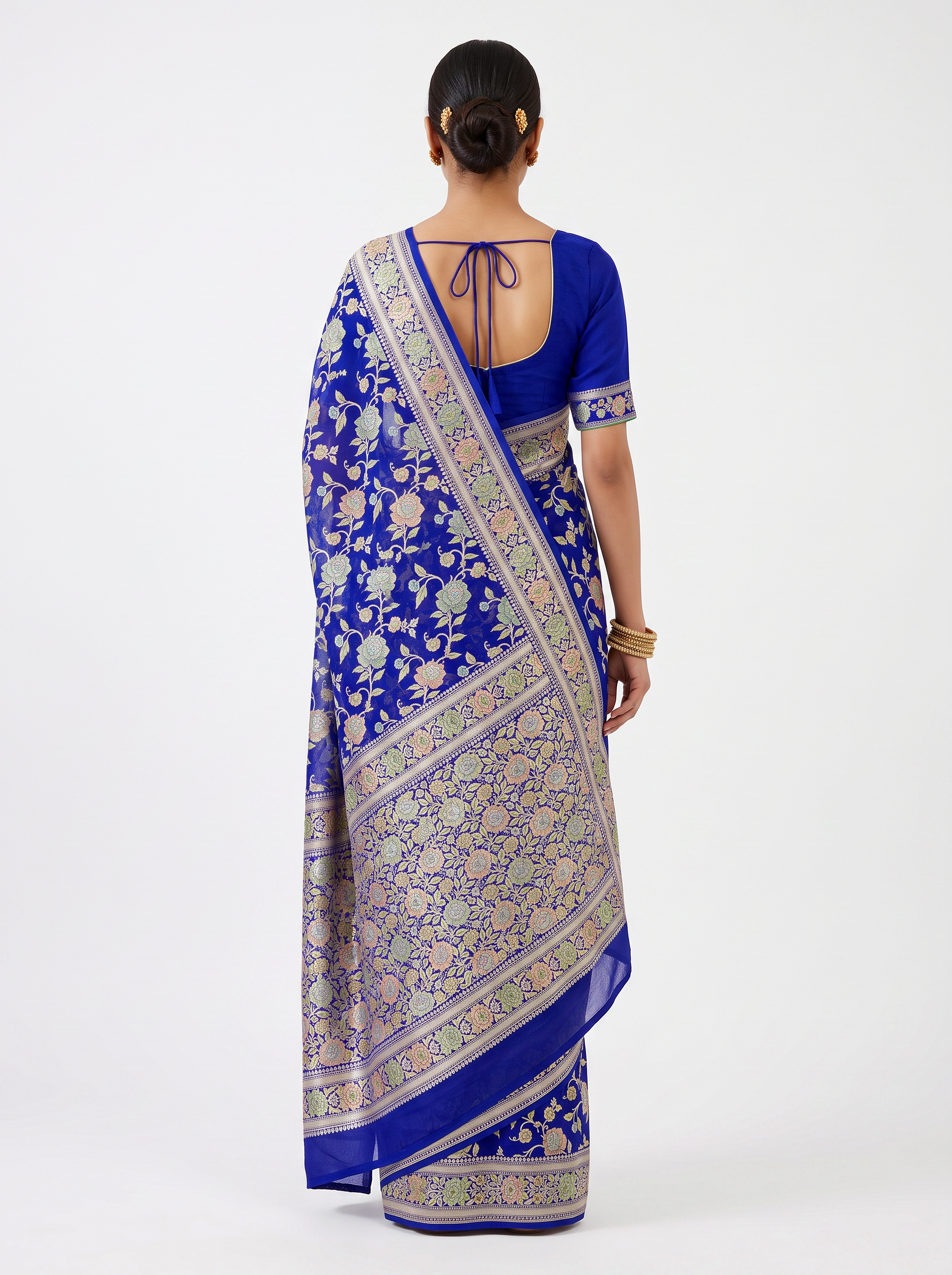 Royal Blue Pure Khadi Chiffon Saree with Brush Paint Floral Pallu - view 3