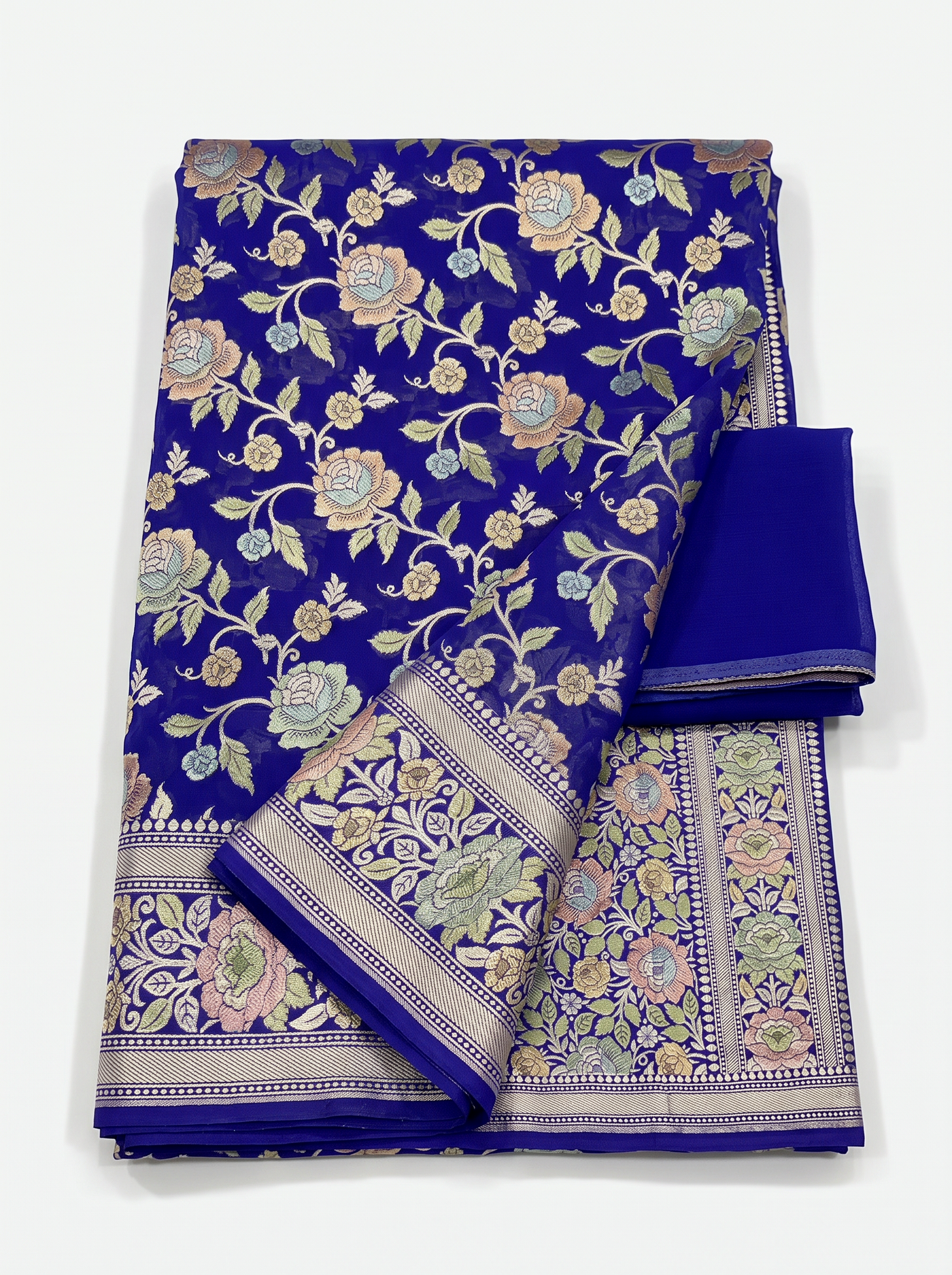 Royal Blue Pure Khadi Chiffon Saree with Brush Paint Floral Pallu - view 4