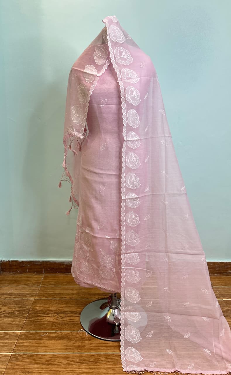 Mul Chanderi Unstitched Suit Material - Deep Red Vine Motif - Bana