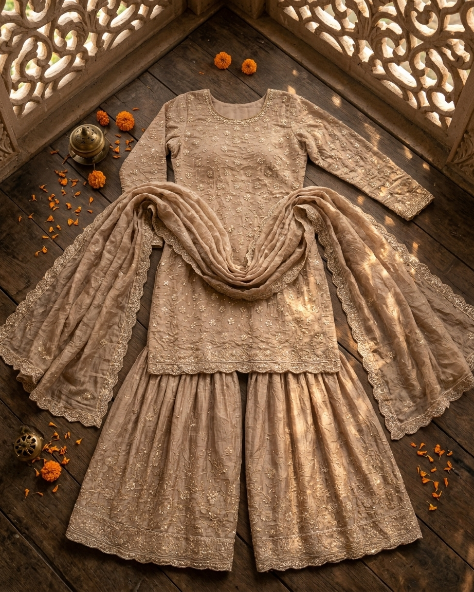 Heavy Crushed Chinon Top-Bottom Concept Unstitched Suit Material - Light Brown full fabric view