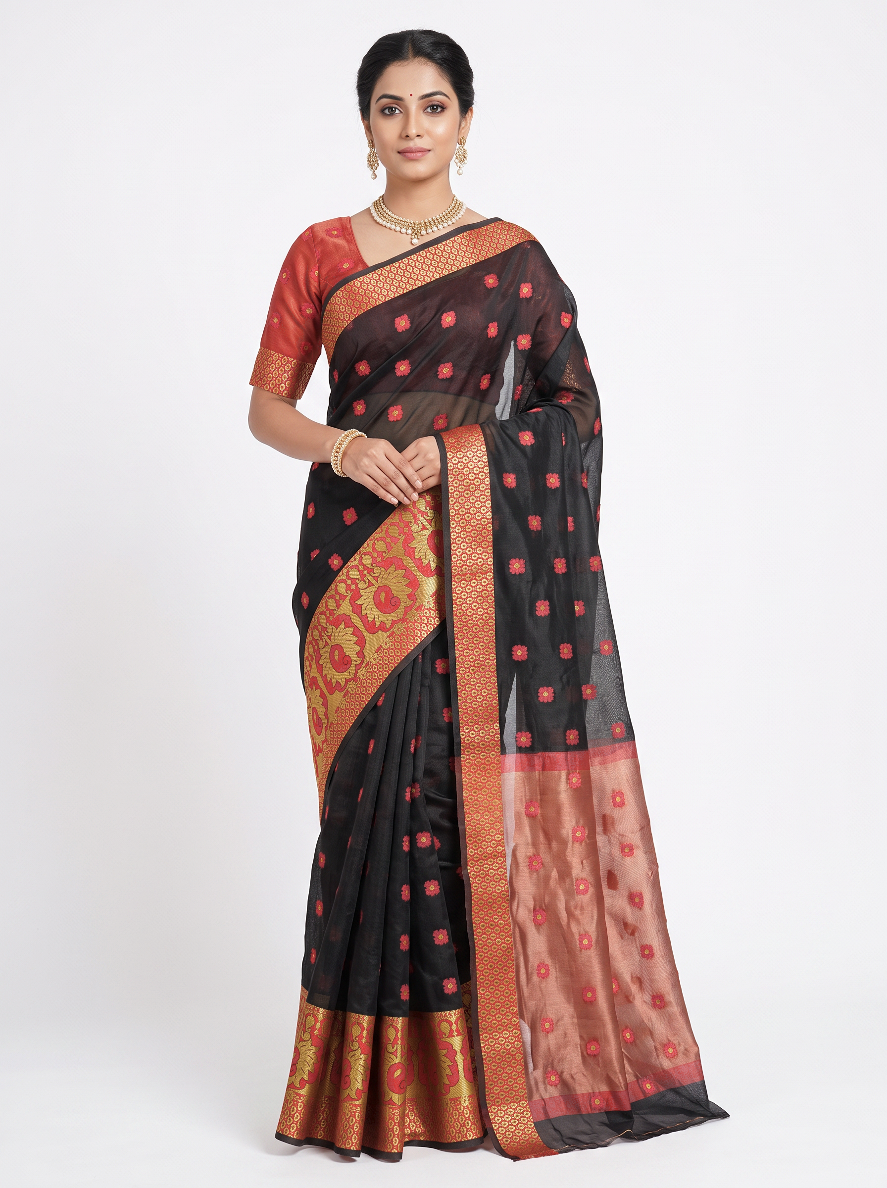 Black Chanderi Silk Saree with Broad Red Zari Border