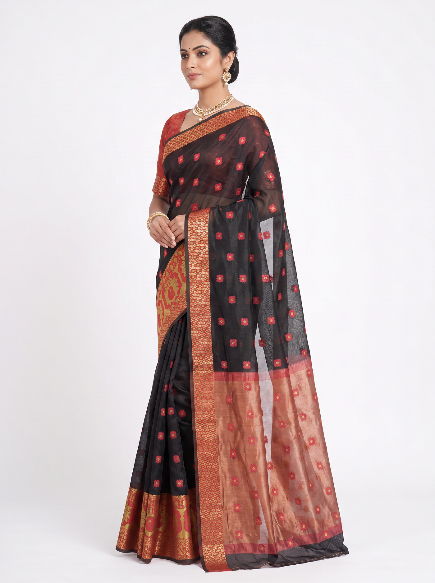 Black Chanderi Silk Saree with Broad Red Zari Border