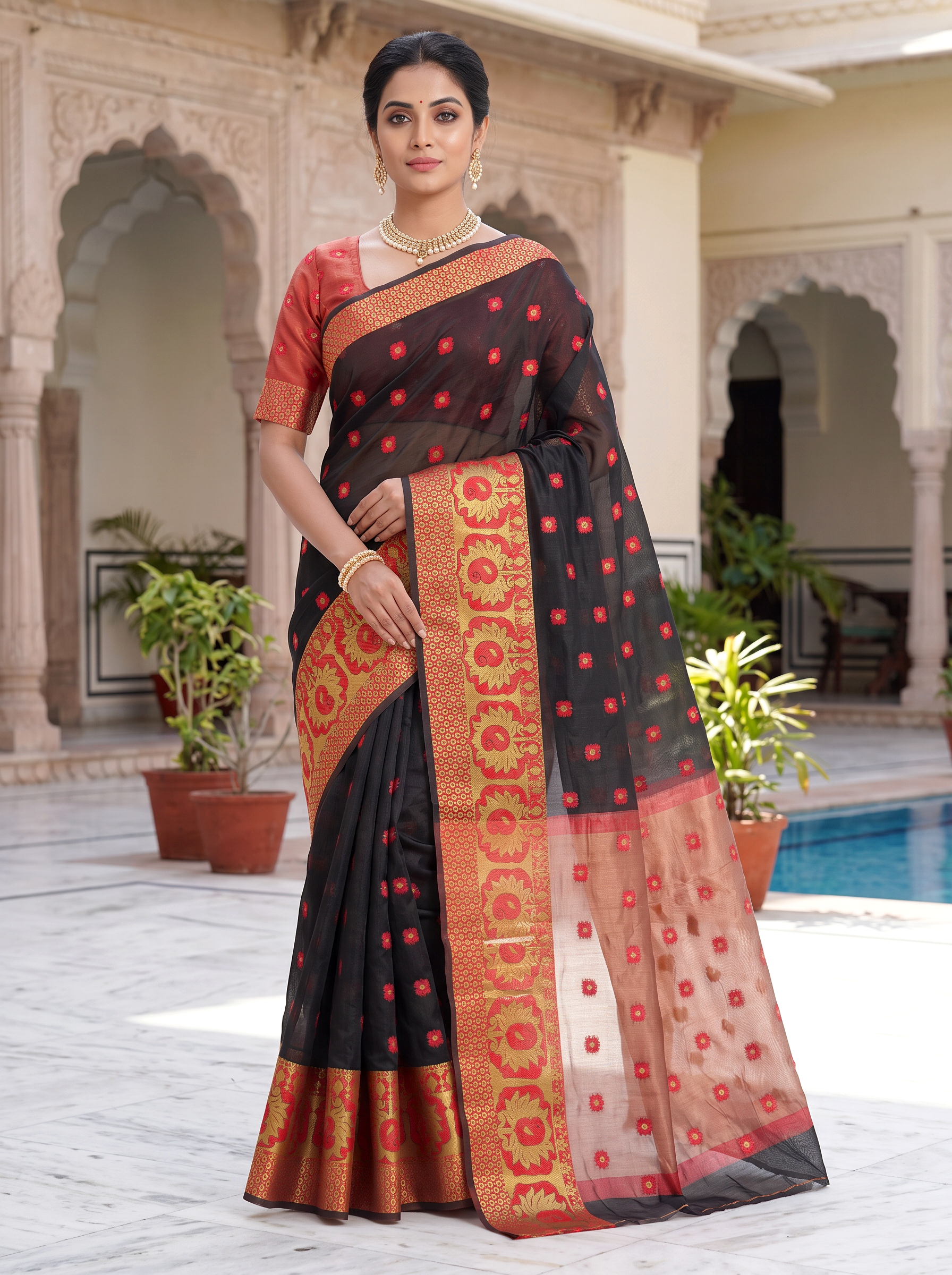 Black Chanderi Silk Saree with Broad Red Zari Border