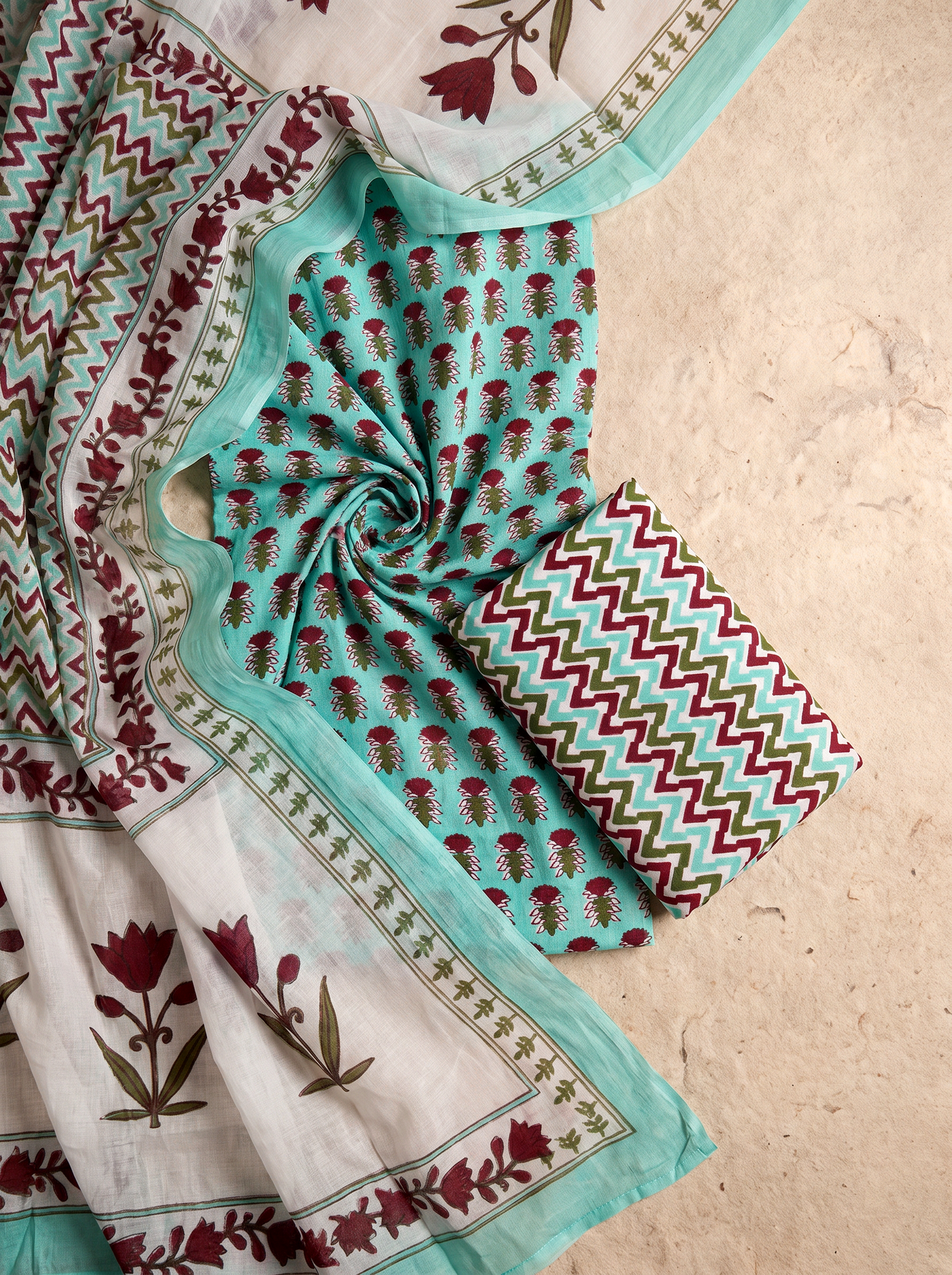Aqua Blue + Wine cotton suit with cotton dupatta unstitched suit material