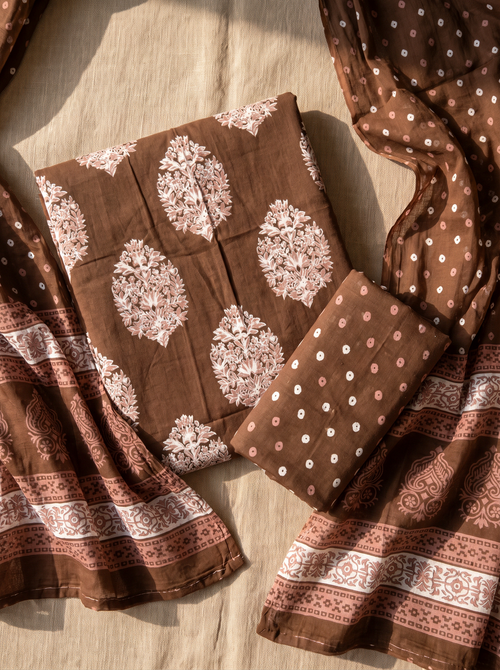 Brick Red + Burnt Orange cotton suit with cotton dupatta unstitched suit material