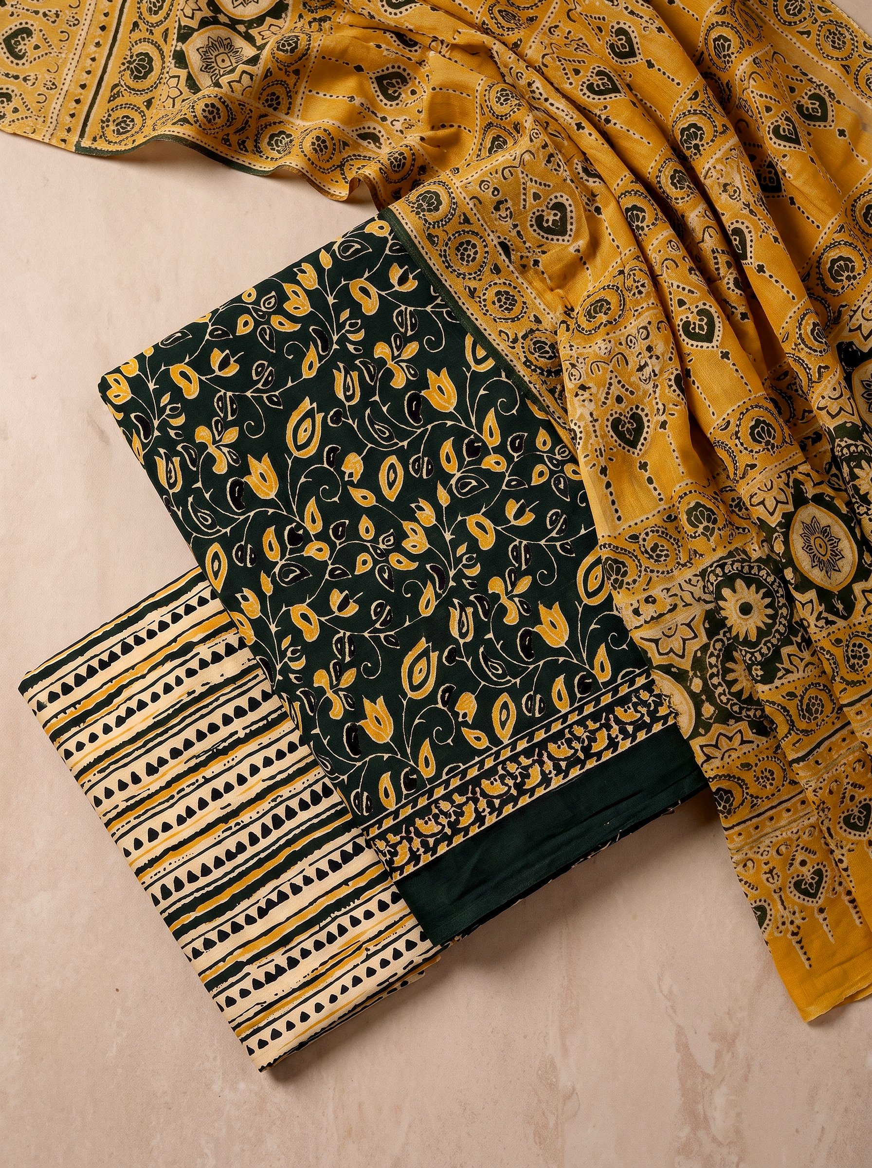 Burnt Orange + Ochre cotton suit with cotton dupatta unstitched suit material