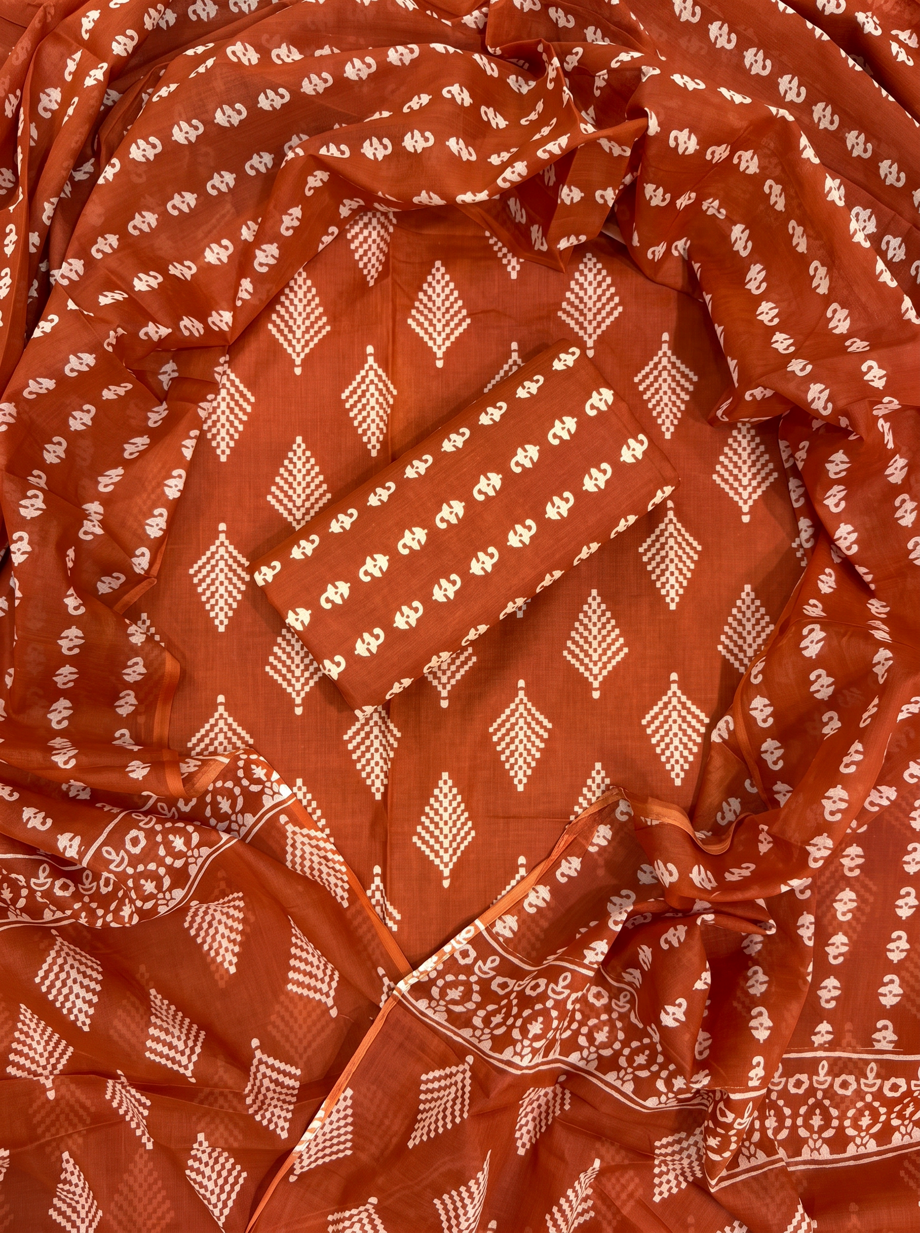 Burnt Orange cotton suit with cotton dupatta unstitched suit material