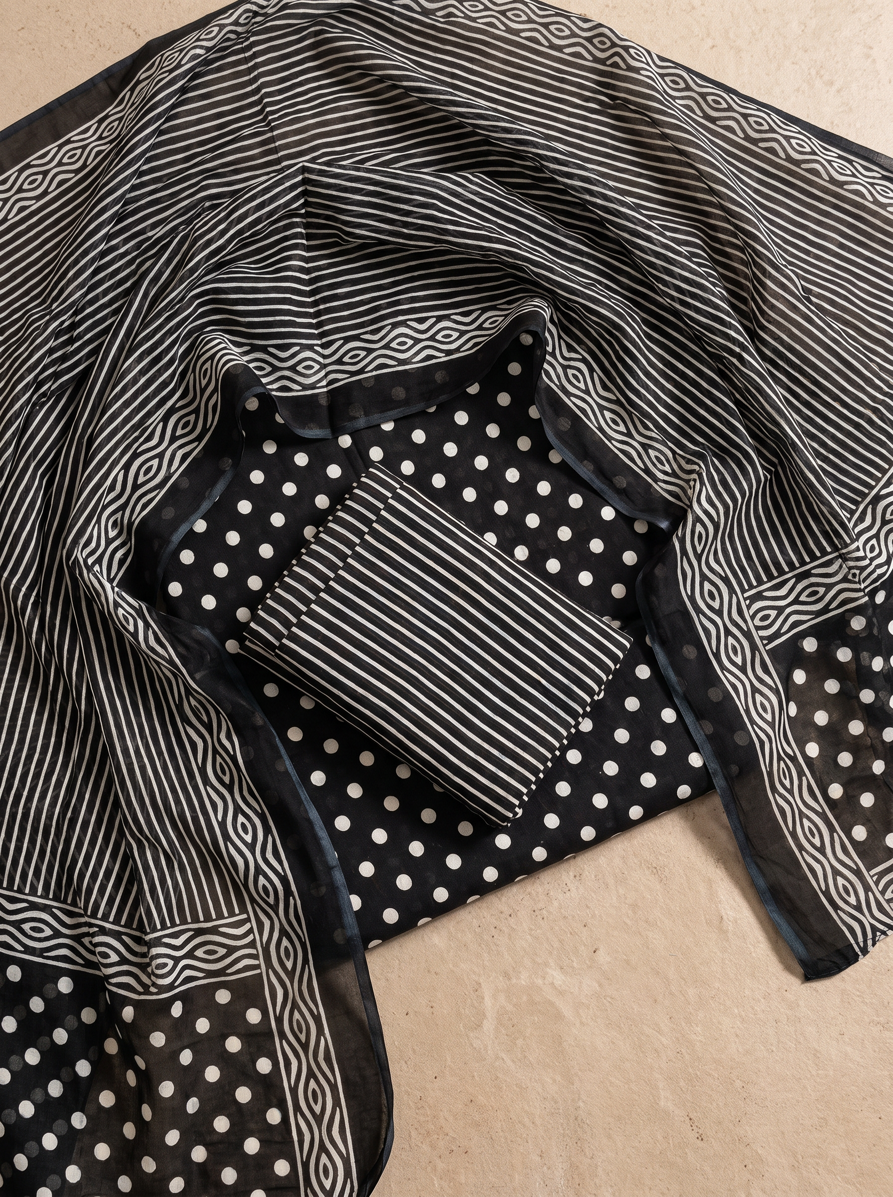 Charcoal Grey + Black + Grey cotton suit with cotton dupatta unstitched suit material