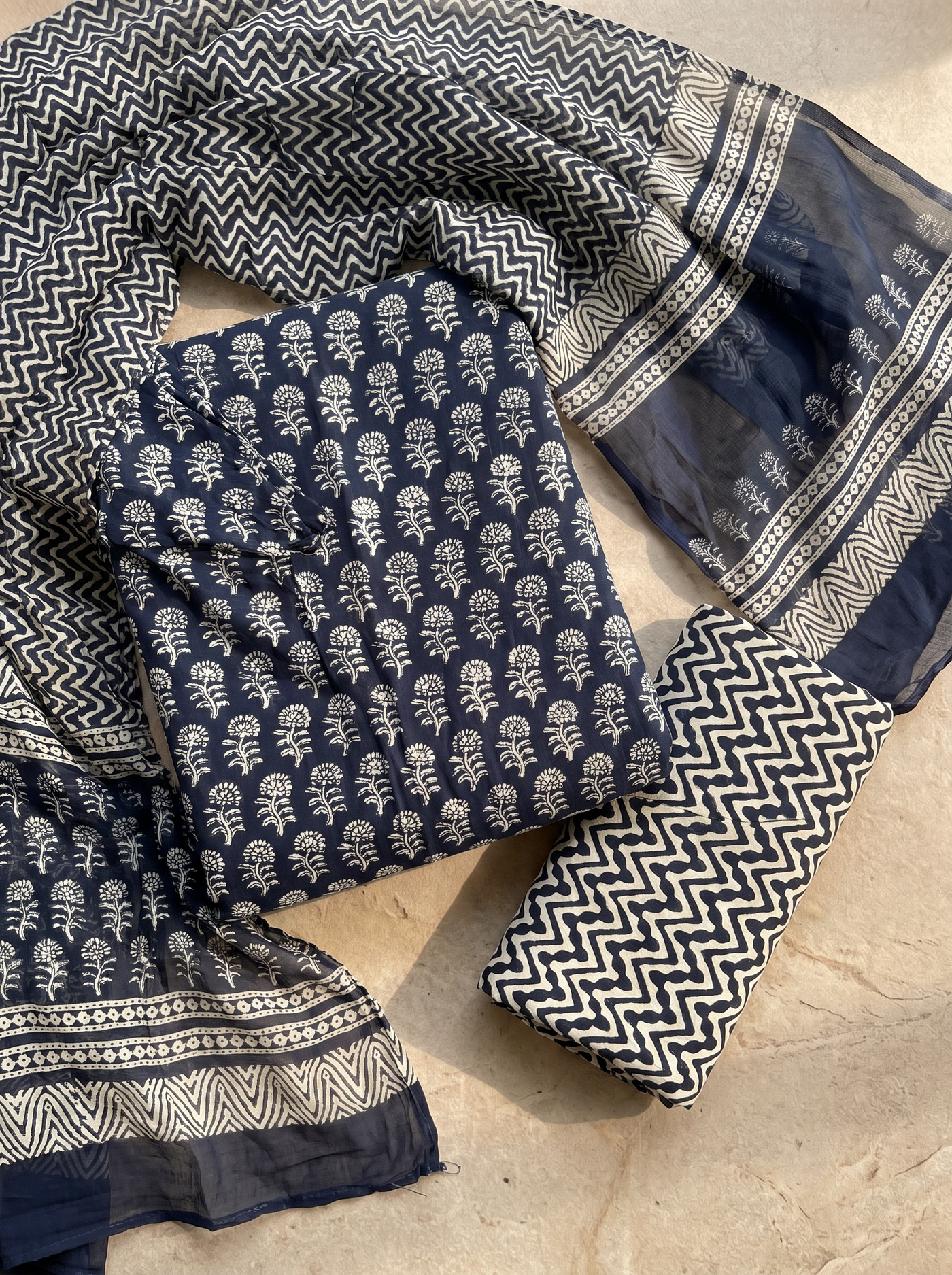 Charcoal Grey + Grey cotton suit with cotton dupatta unstitched suit material