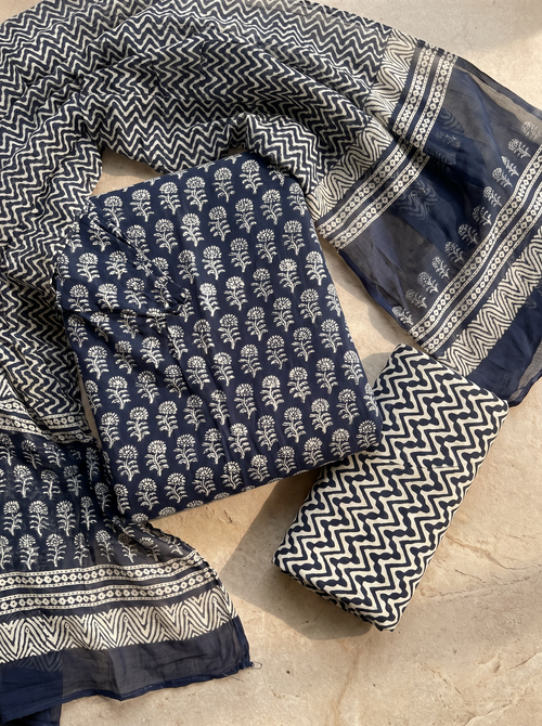 Charcoal Grey + Grey cotton suit with cotton dupatta unstitched suit material