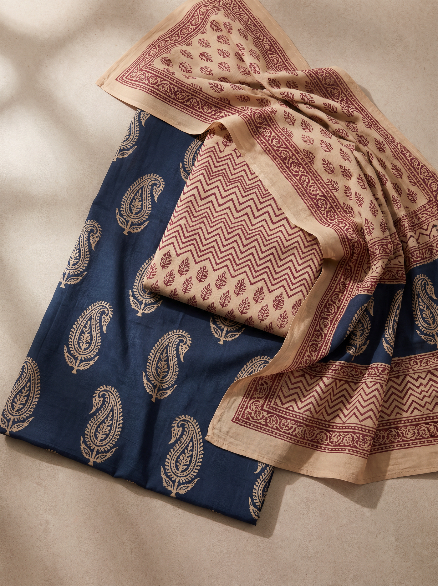 Deep Red + Ink Blue cotton suit with cotton dupatta unstitched suit material