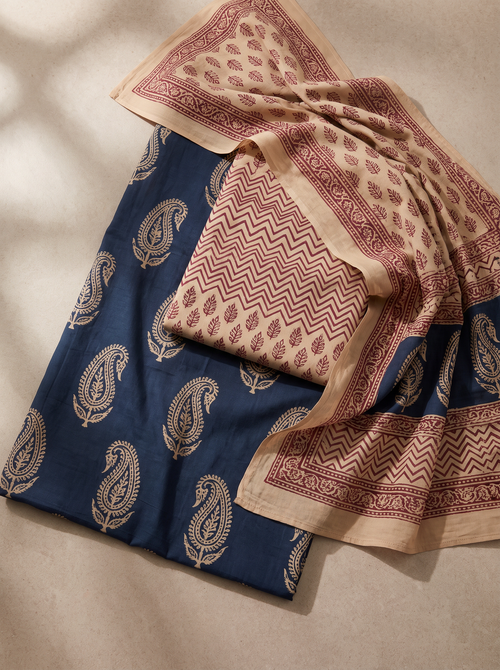 Deep Red + Ink Blue cotton suit with cotton dupatta unstitched suit material