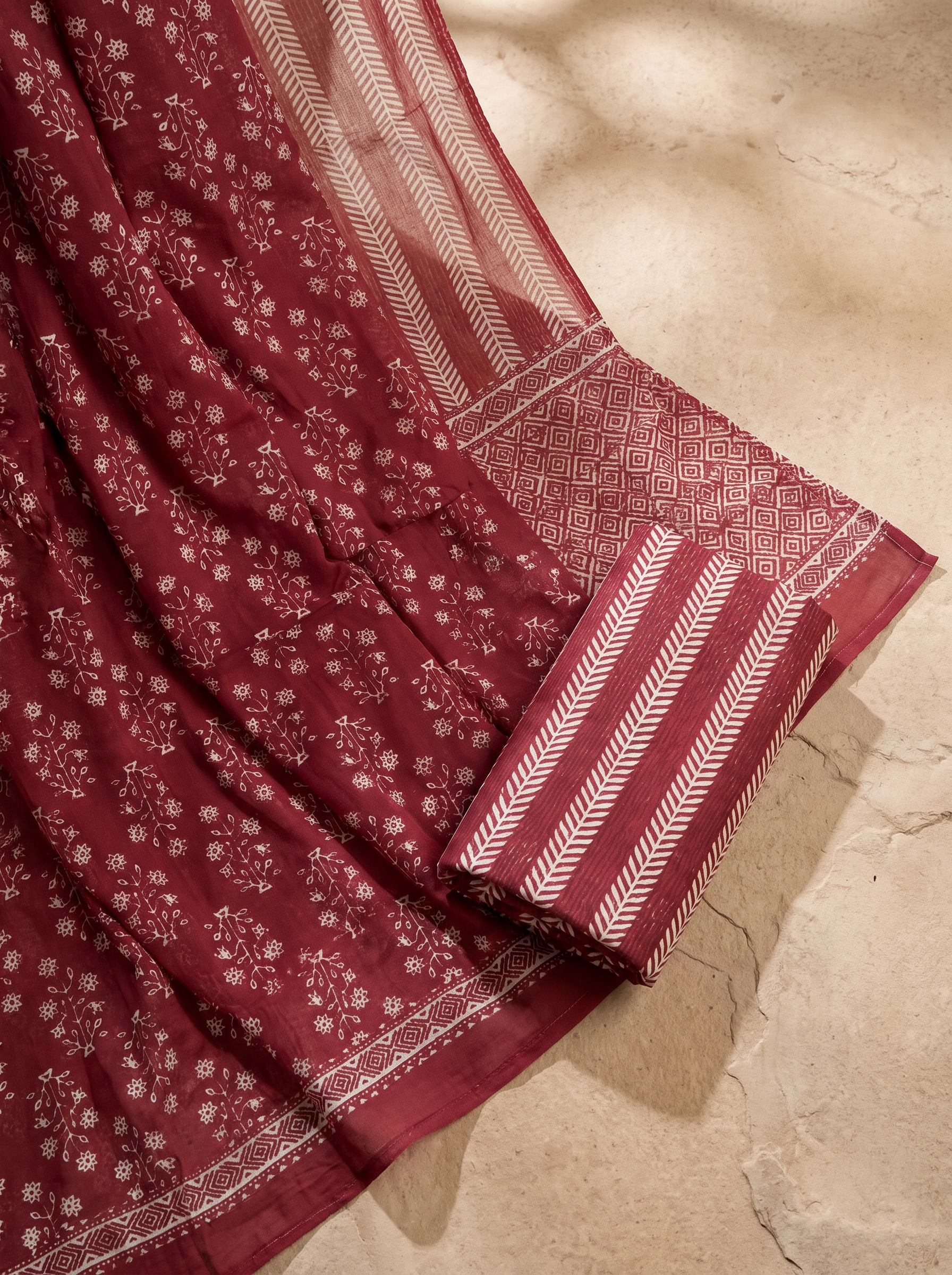 Deep Red cotton suit with cotton dupatta unstitched suit material