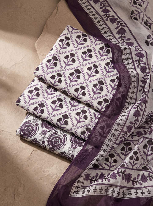 Charcoal Grey + Grey cotton suit with cotton dupatta unstitched suit material
