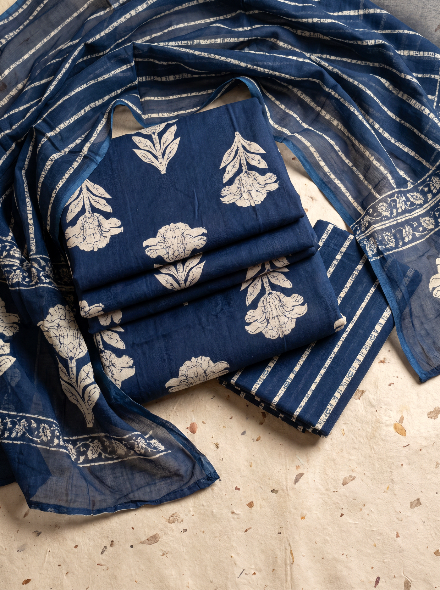Ink Blue cotton suit with cotton dupatta unstitched suit material
