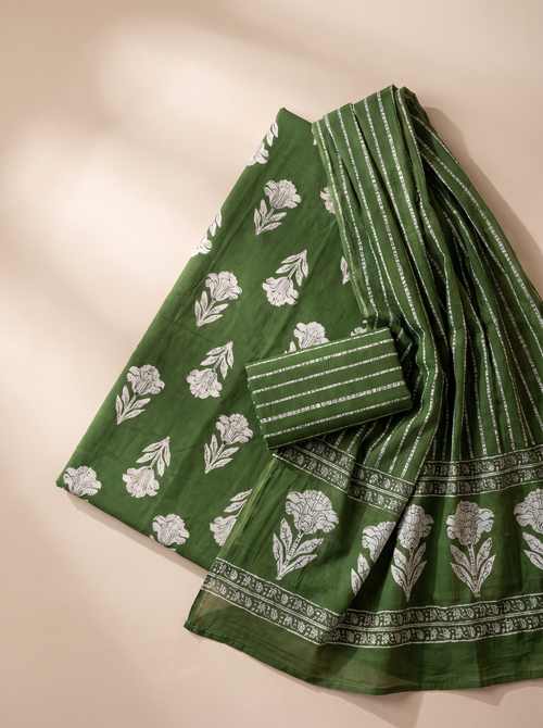 Mehendi Green cotton suit with cotton dupatta unstitched suit material