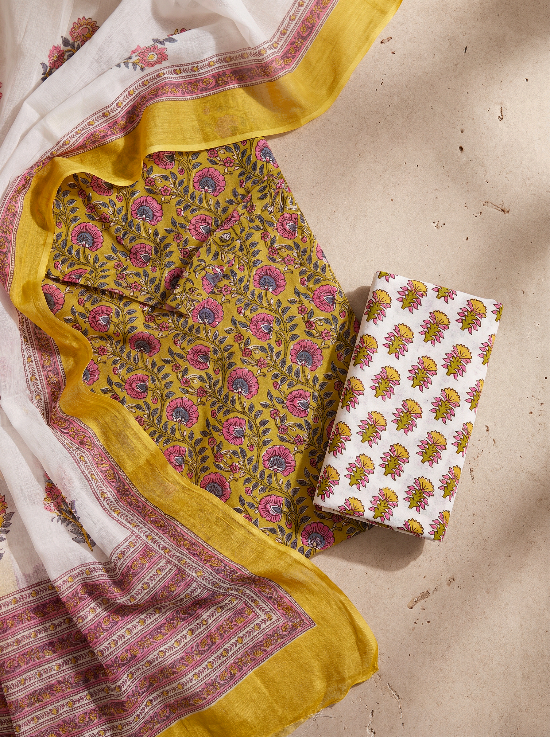 Deep Red + Golden + Ochre cotton suit with cotton dupatta unstitched suit material