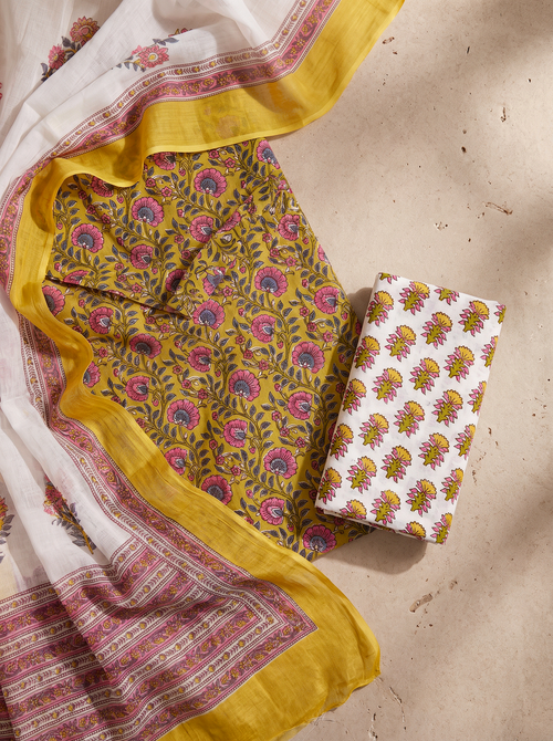 Deep Red + Golden + Ochre cotton suit with cotton dupatta unstitched suit material