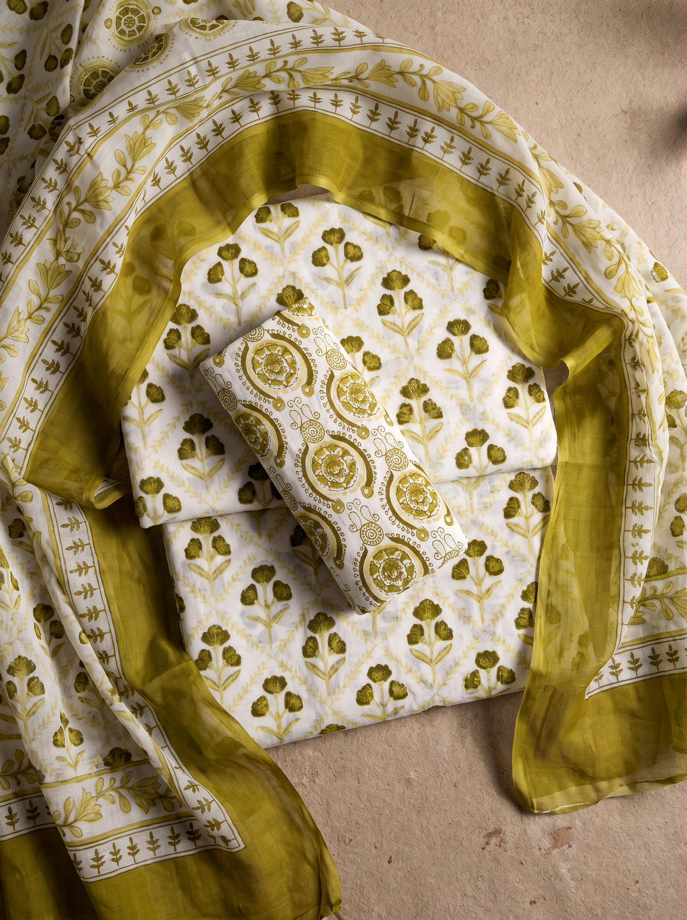 Ochre cotton suit with cotton dupatta unstitched suit material