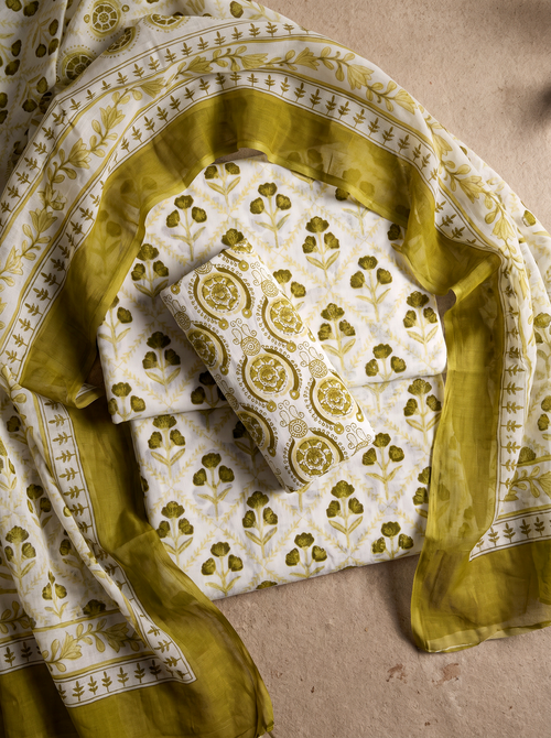Ochre cotton suit with cotton dupatta unstitched suit material
