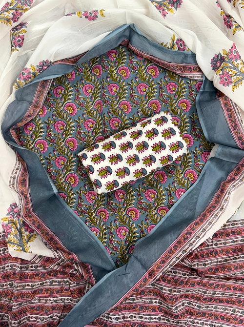 Navy Blue + Ochre cotton suit with cotton dupatta unstitched suit material
