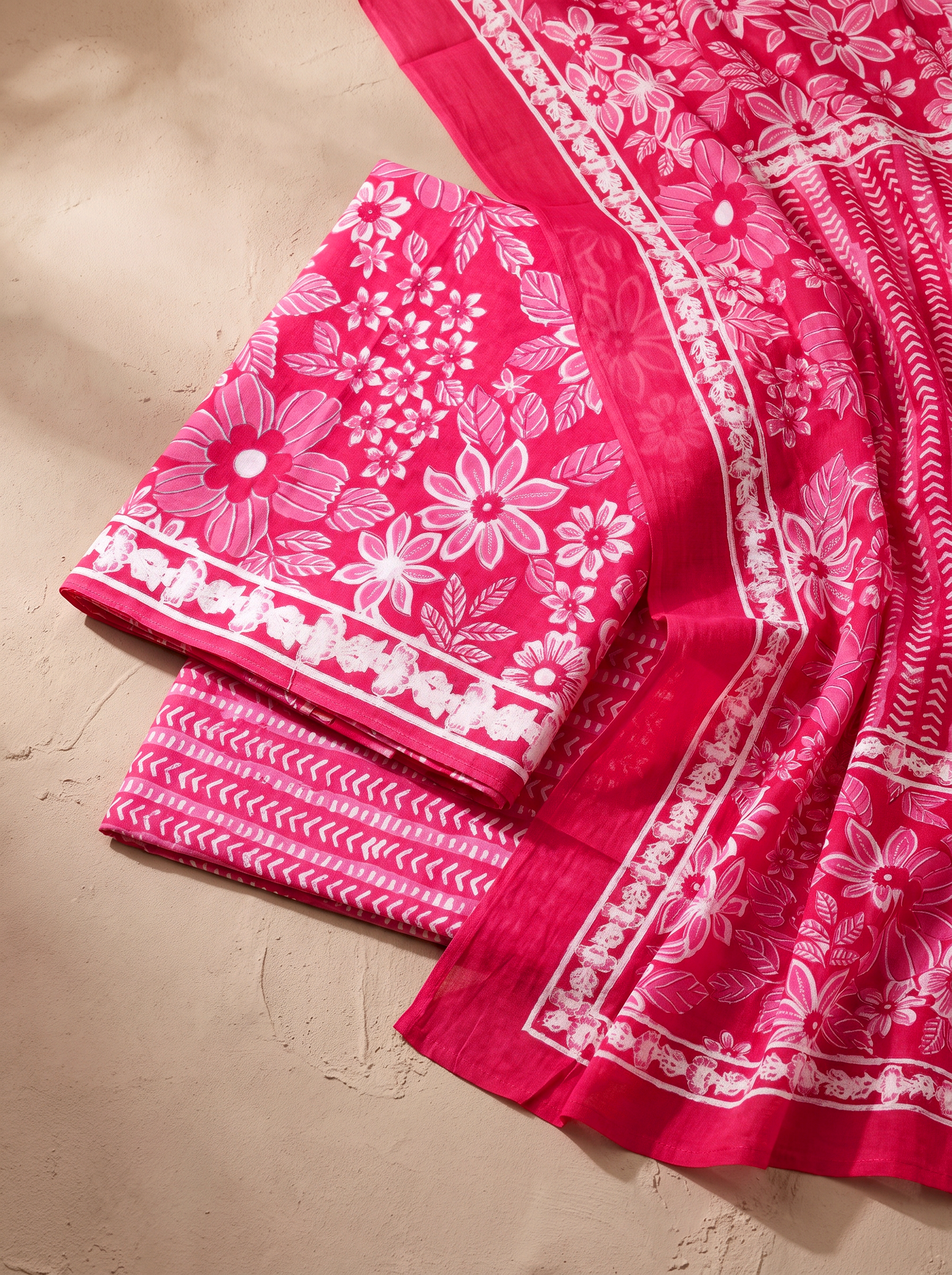 Deep Red + Rani Pink cotton suit with cotton dupatta unstitched suit material