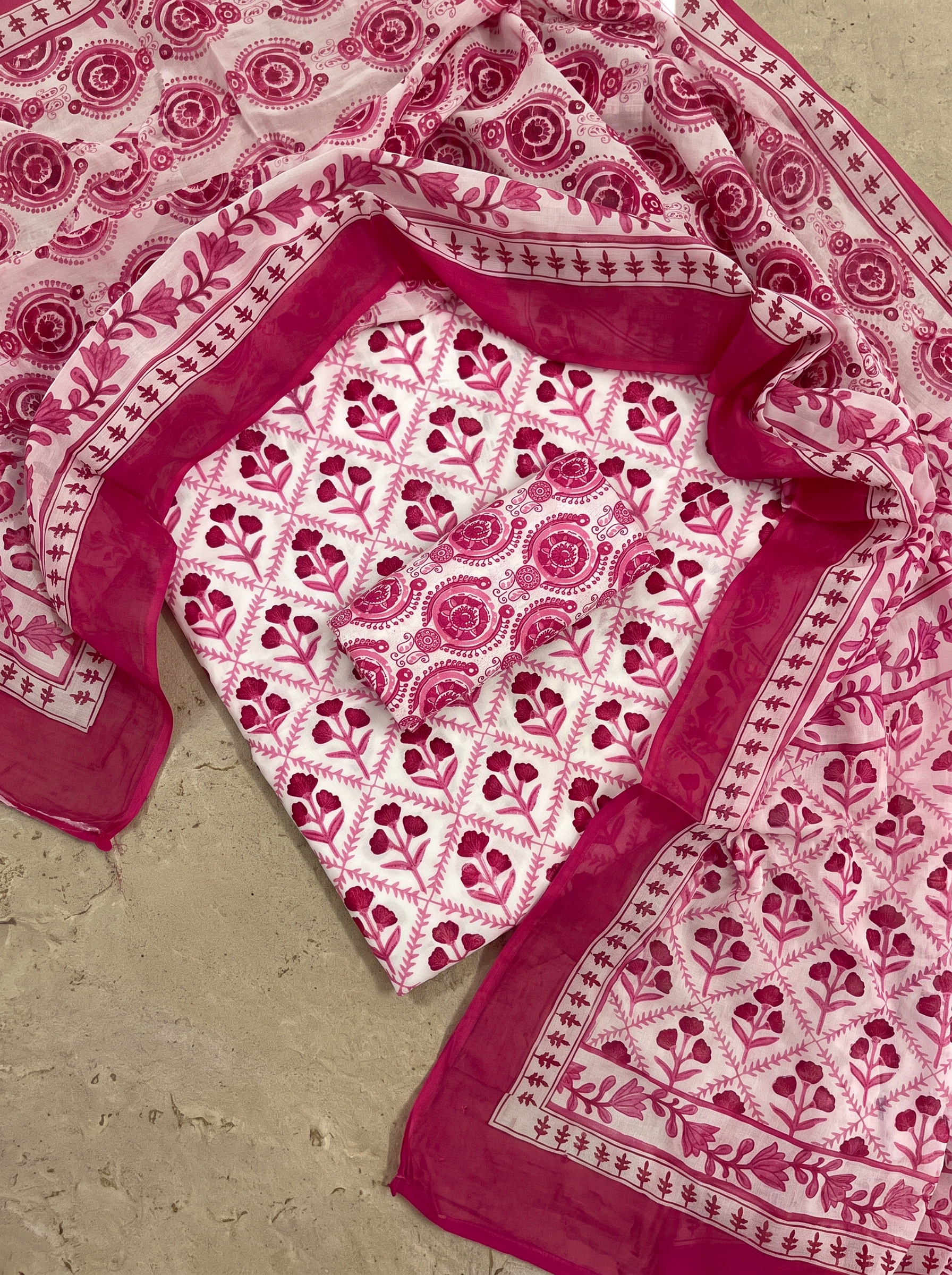 Deep Red + Rose Pink cotton suit with cotton dupatta unstitched suit material