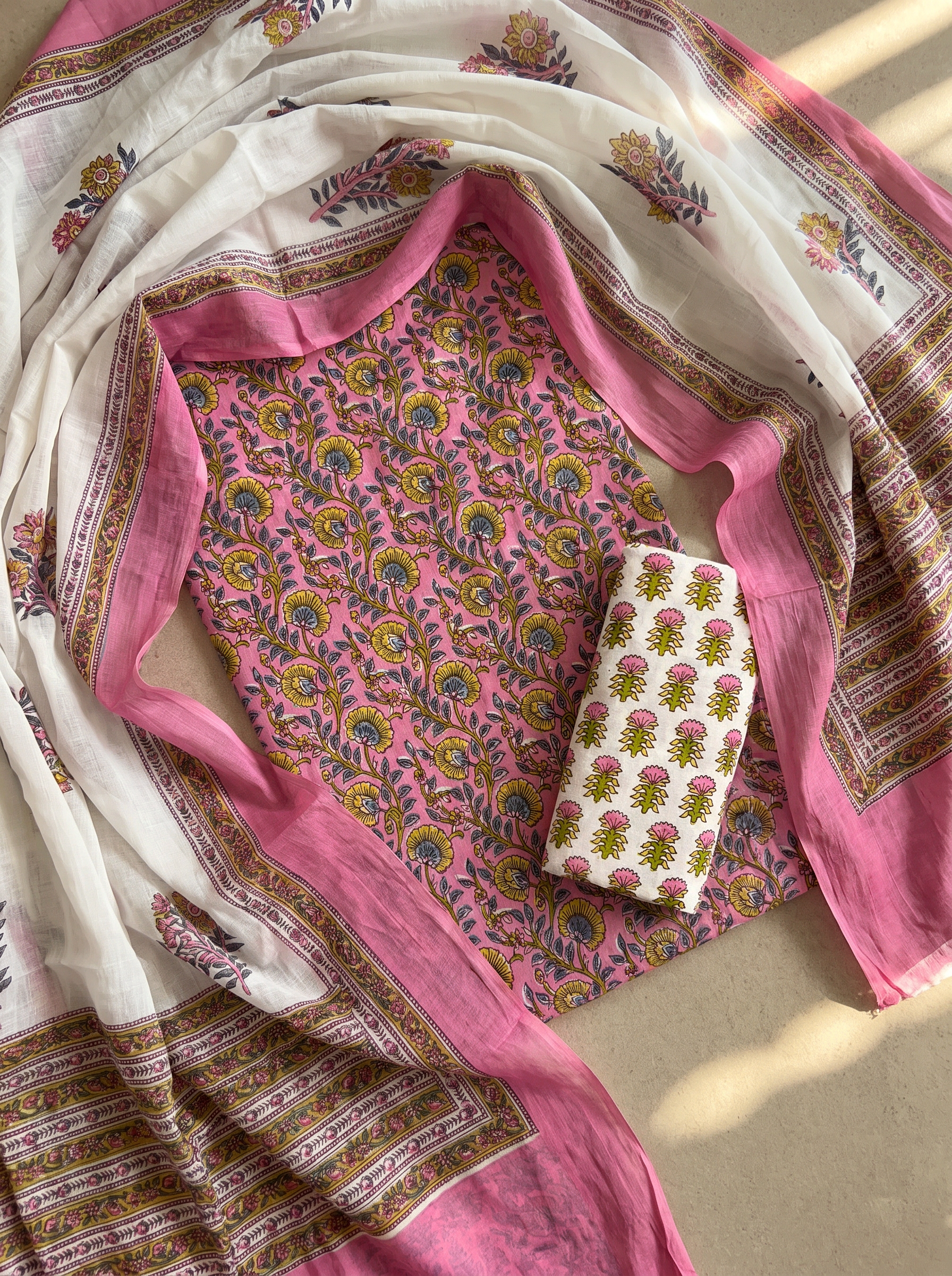Deep Red + Rose Pink cotton suit with cotton dupatta unstitched suit material