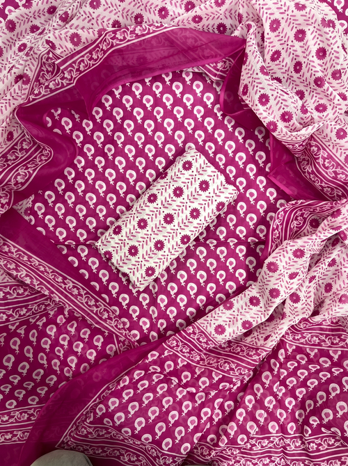 Rose Pink cotton suit with cotton dupatta unstitched suit material